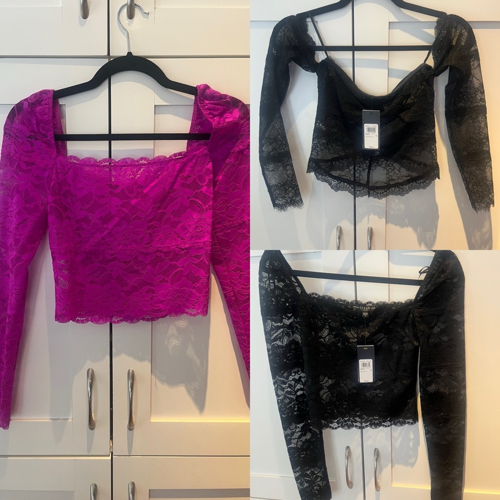Lot of 3 Guess Vibrant Pink and Elegant Black Lace Tops 2 new 1 worn 1x